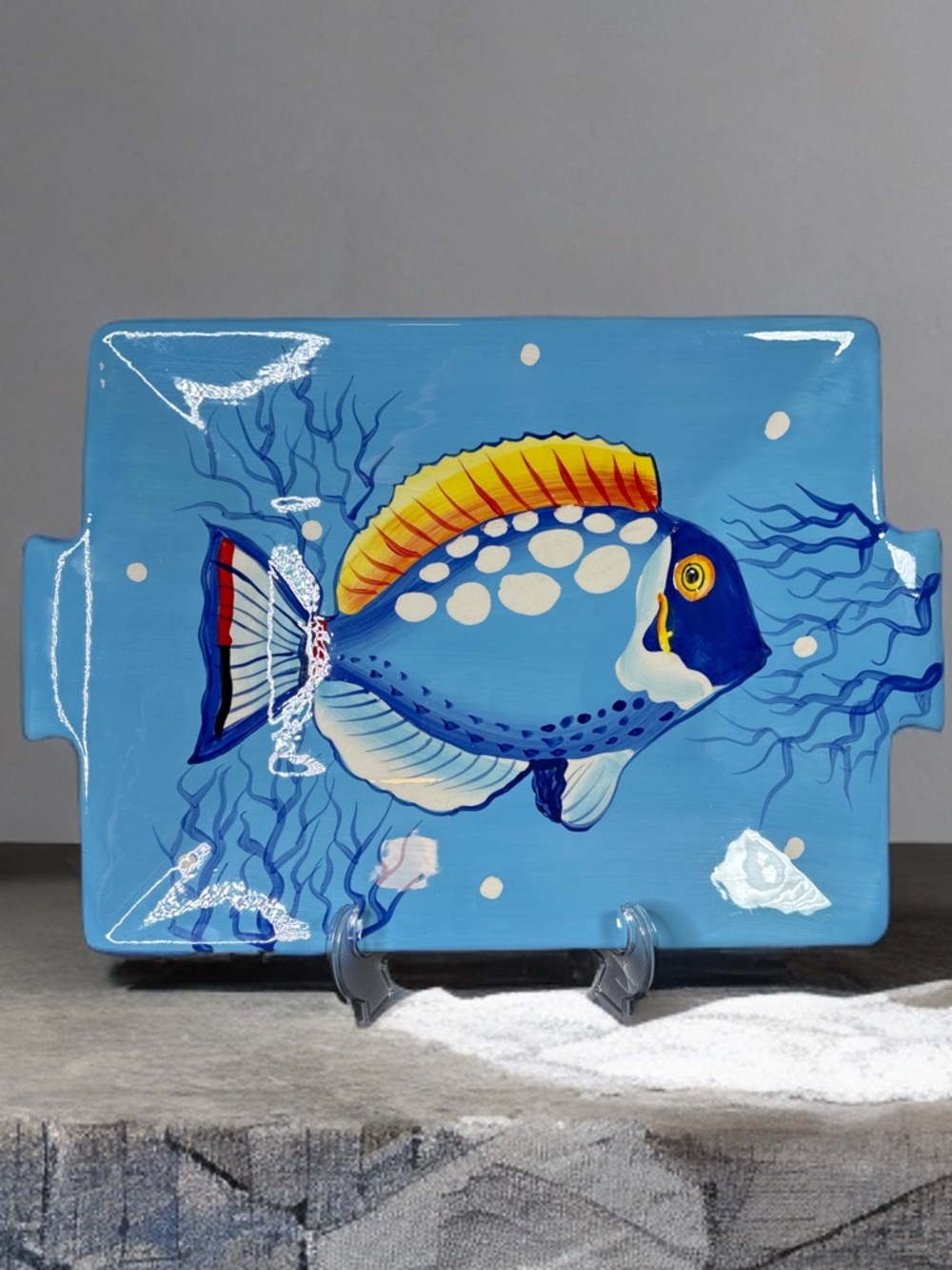 La Dolce Vita Hand-Painted Blue Tropical Fish Ceramic Serving Platter 19x13.5”
